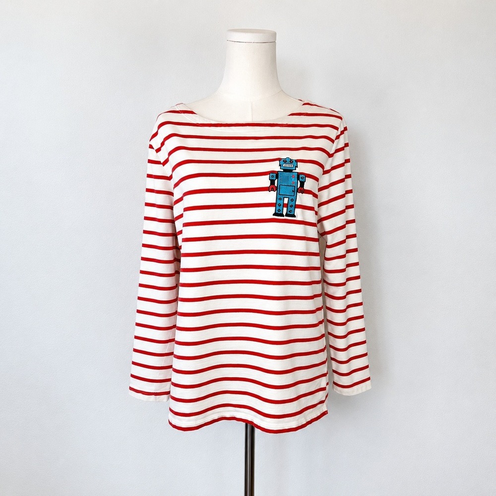 Joanie Embroidered Robot Stripe Top Womens M Red White Cotton Retro